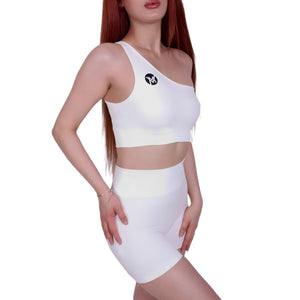 Sweat Scrunch™ One Shoulder Top White – Asymmetrical & Stretch Fit
