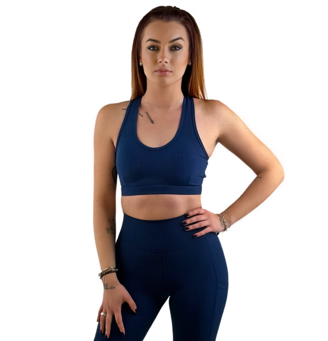 Shalina 3D Striped Sport Top – Sapphire Blue | Seamless Ribbed Activewear for Sculpting Support &amp; Luxe Performance