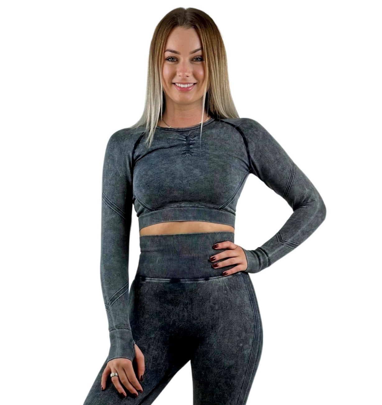 Nova Washed Out Premium Activewear Top – Dark Gray | Sculpting Fit, Seamless, Sustainable &amp; Conscious Performance